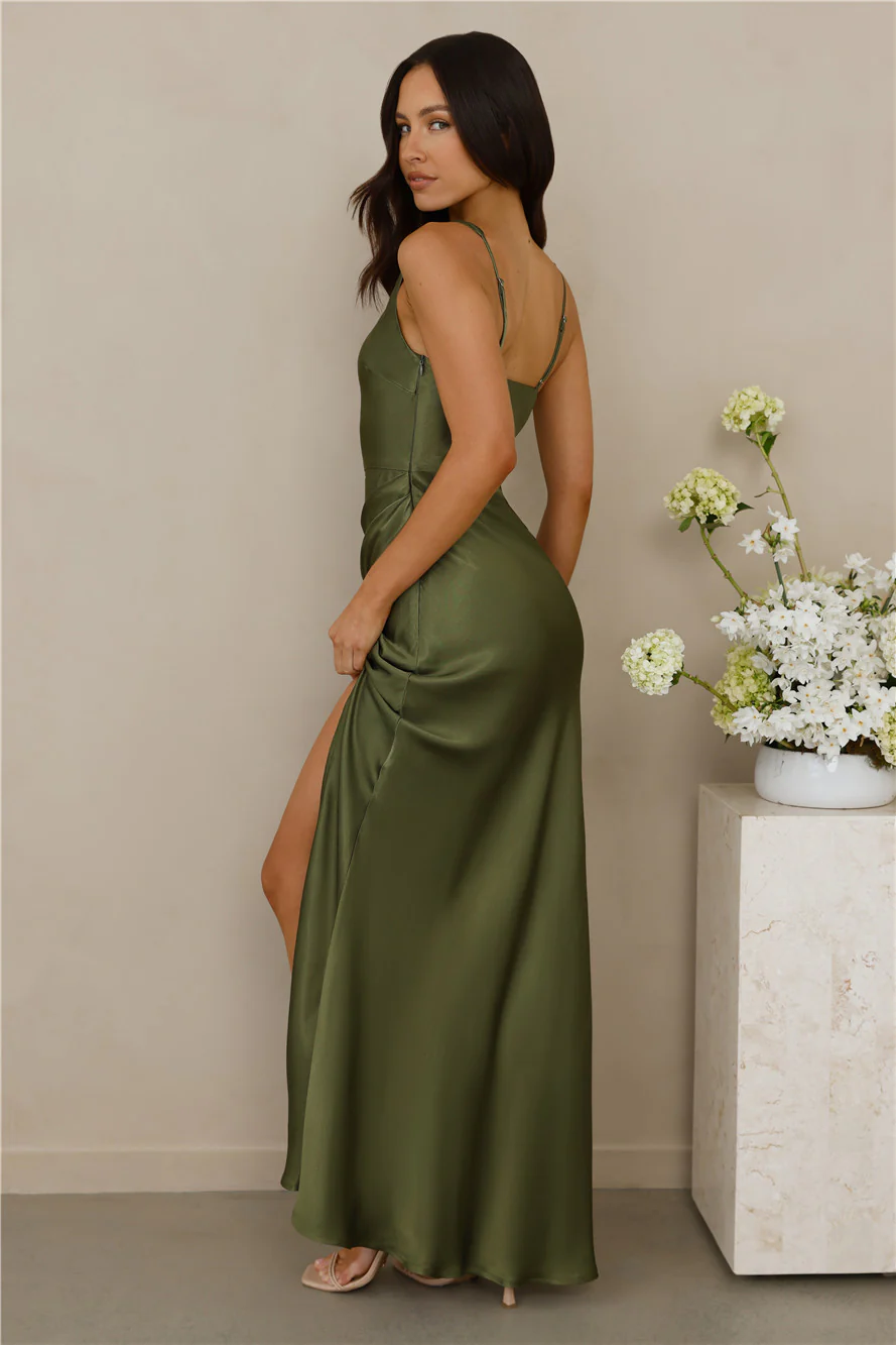 The Evelina Satin Maxi Dress Olive