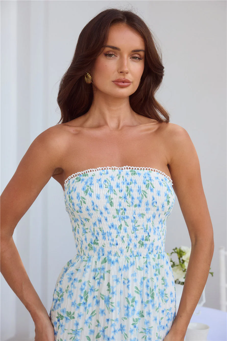 Under Palm Trees Strapless Midi Dress Blue