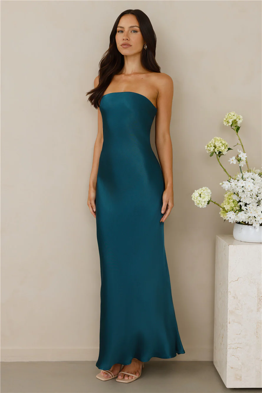 The Felicity Strapless Satin Maxi Dress Teal