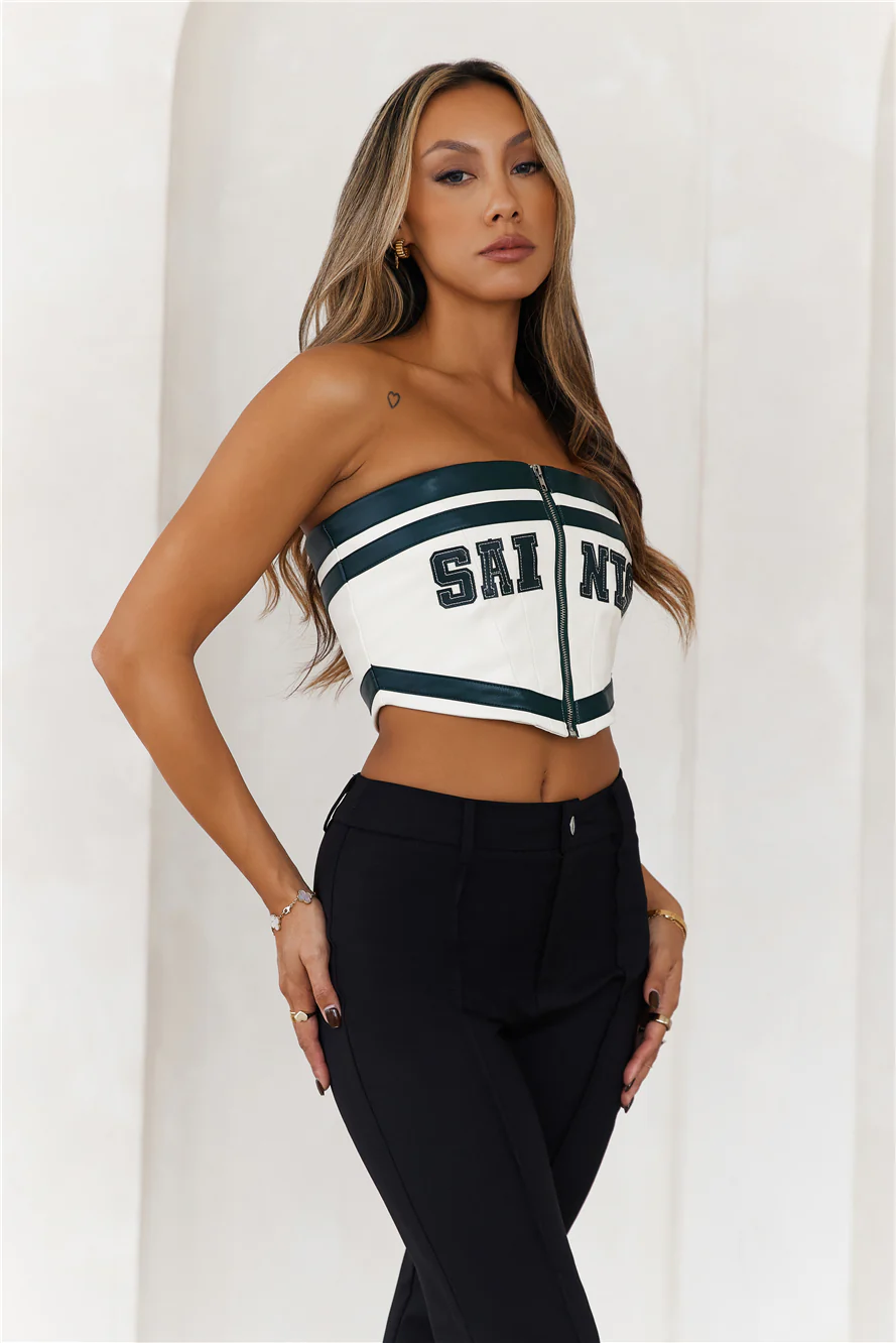 Team Saints Strapless Faux Leather Crop Top Ivory