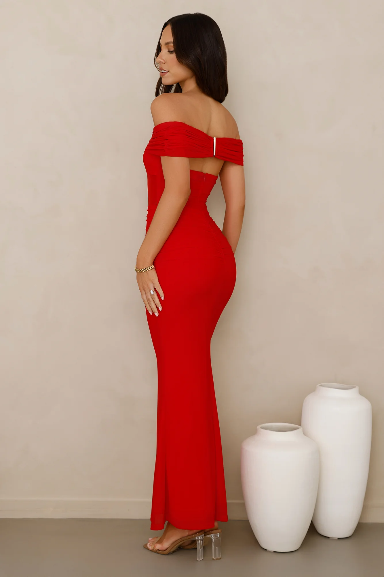 Swan Song Off Shoulder Mesh Maxi Dress Red