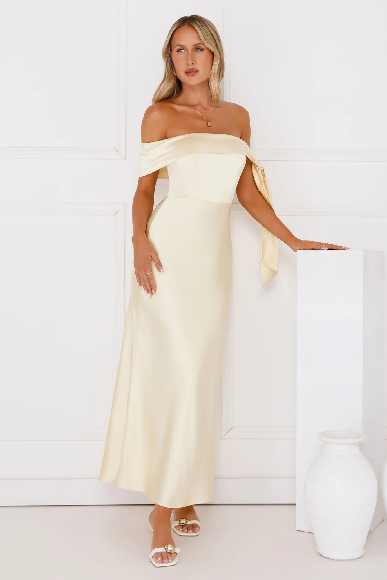The Hype Off Shoulder Satin Midi Dress Yellow