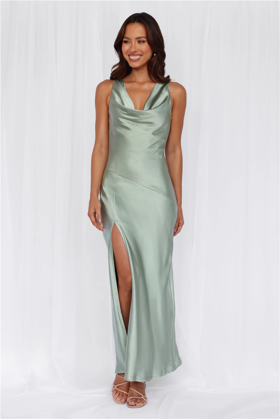 The Loretta Cowl Satin Maxi Dress Sage