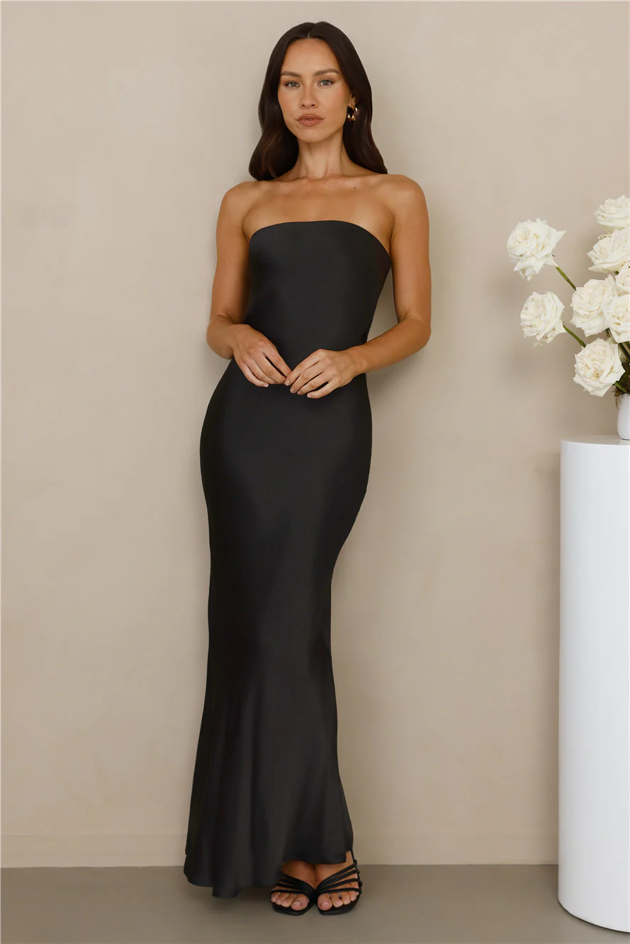 The Felicity Strapless Satin Maxi Dress Black