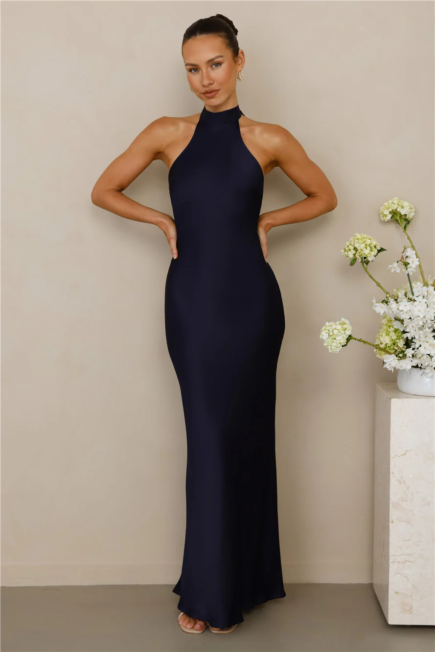 The Cleo Halter Satin Maxi Dress Navy