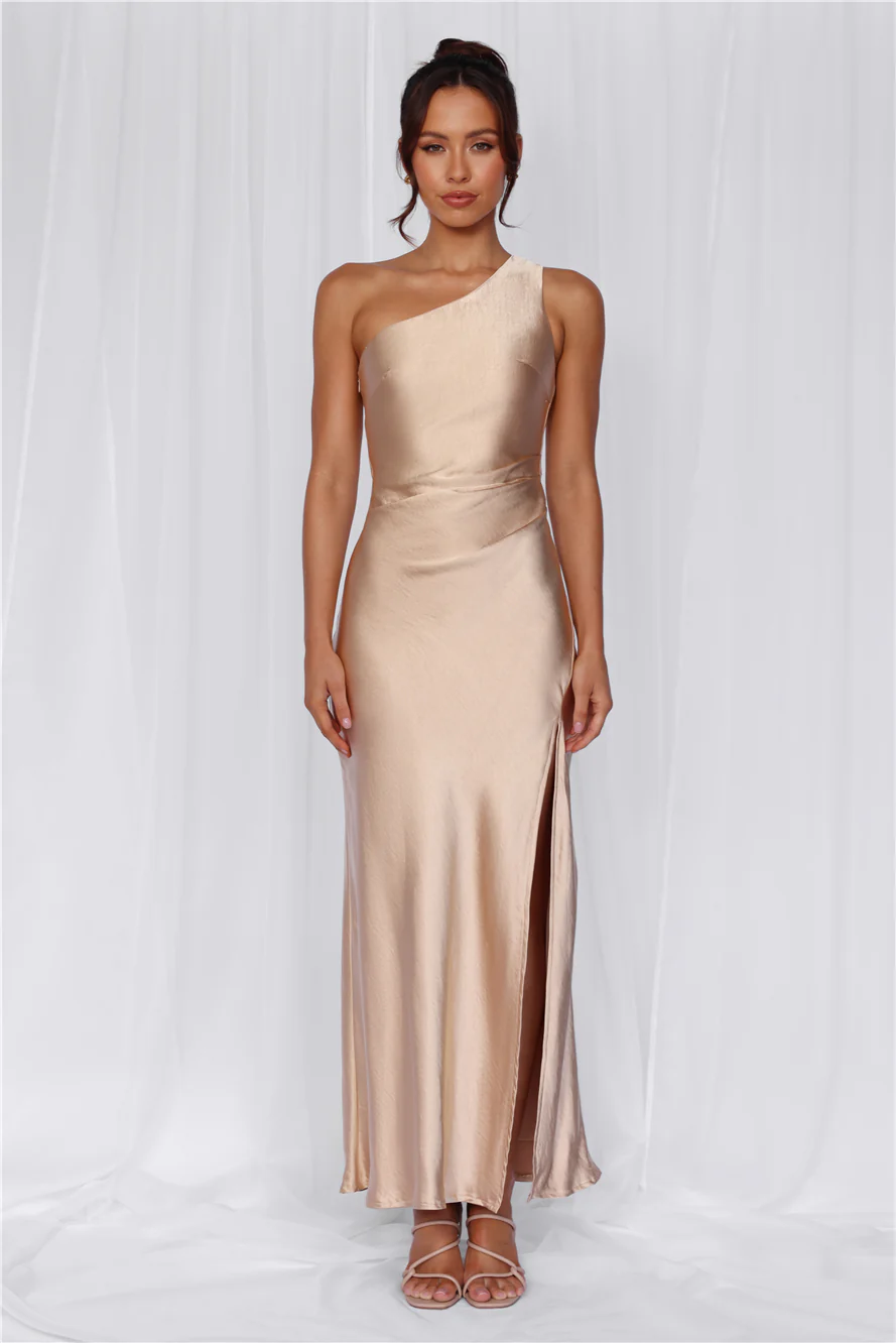 The Aurora One Shoulder Satin Maxi Dress Champagne