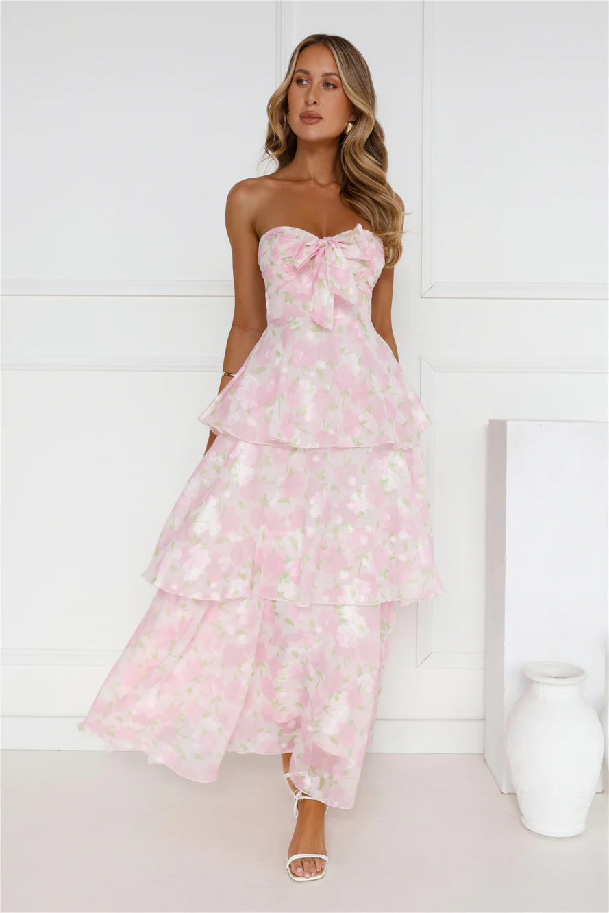 Spring Flower Strapless Maxi Dress Pink