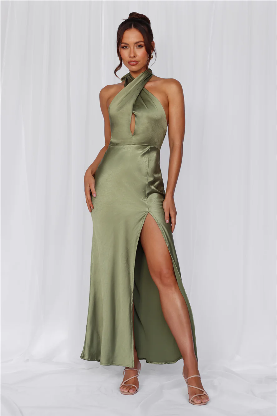 The Adeline Halter Satin Maxi Dress Olive