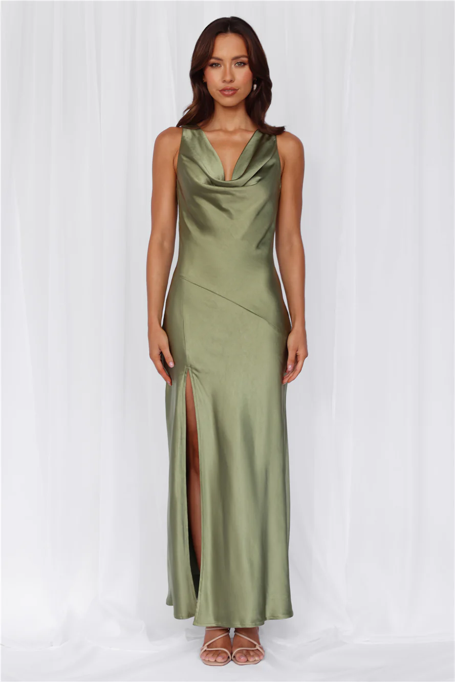 The Loretta Cowl Satin Maxi Dress Olive