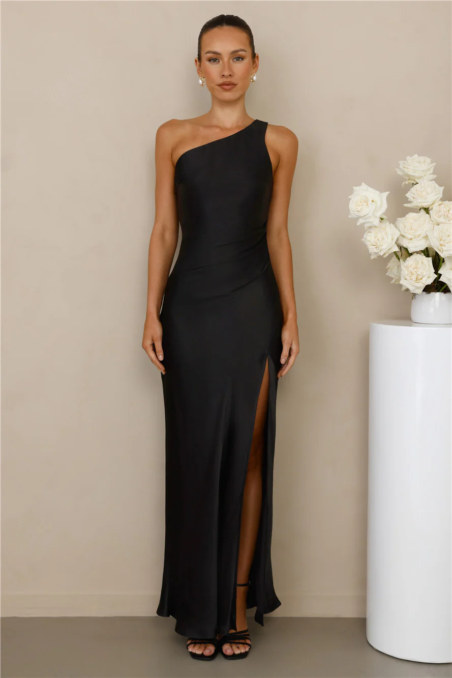 The Aurora One Shoulder Satin Maxi Dress Black