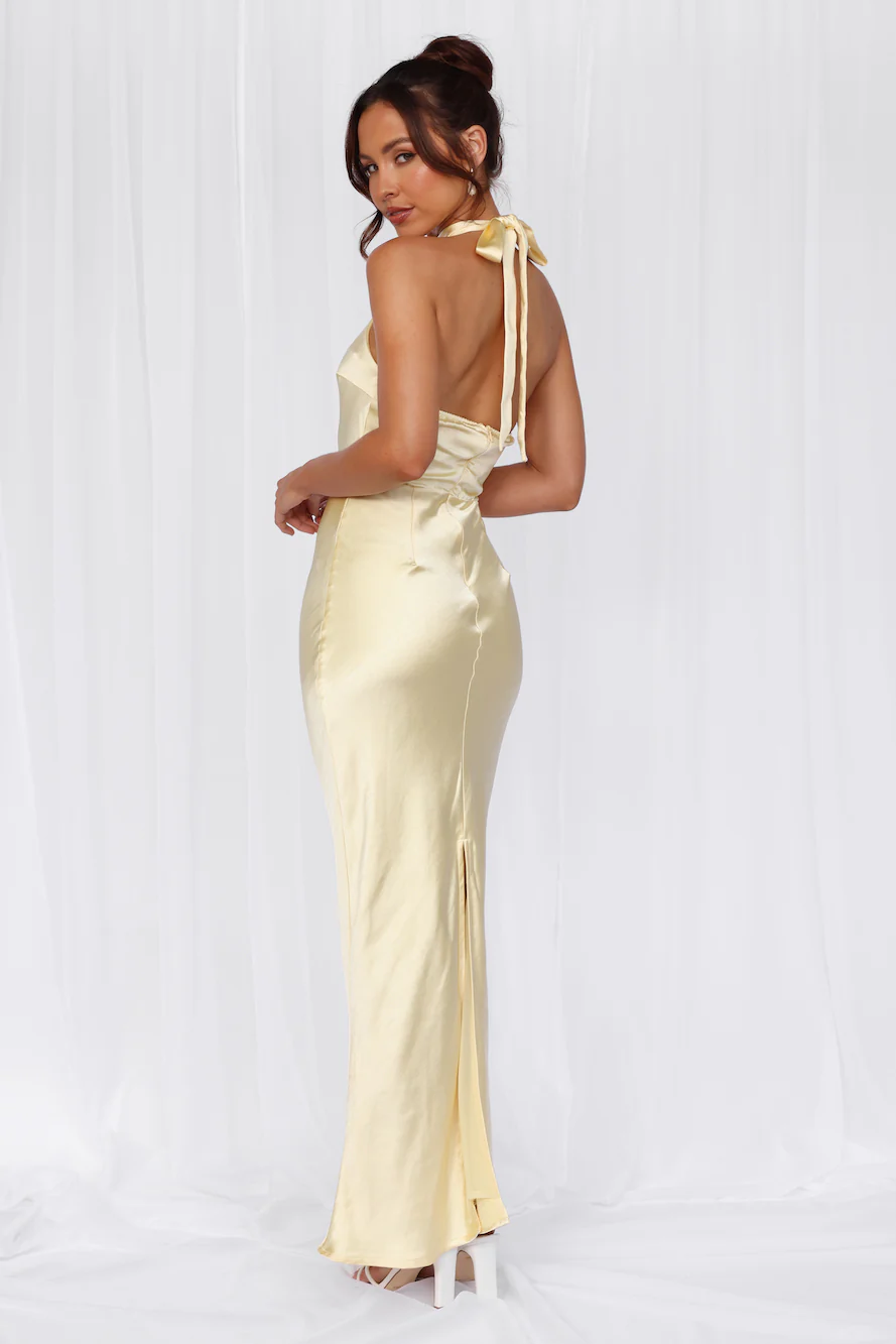 The Cleo Halter Satin Maxi Dress Yellow