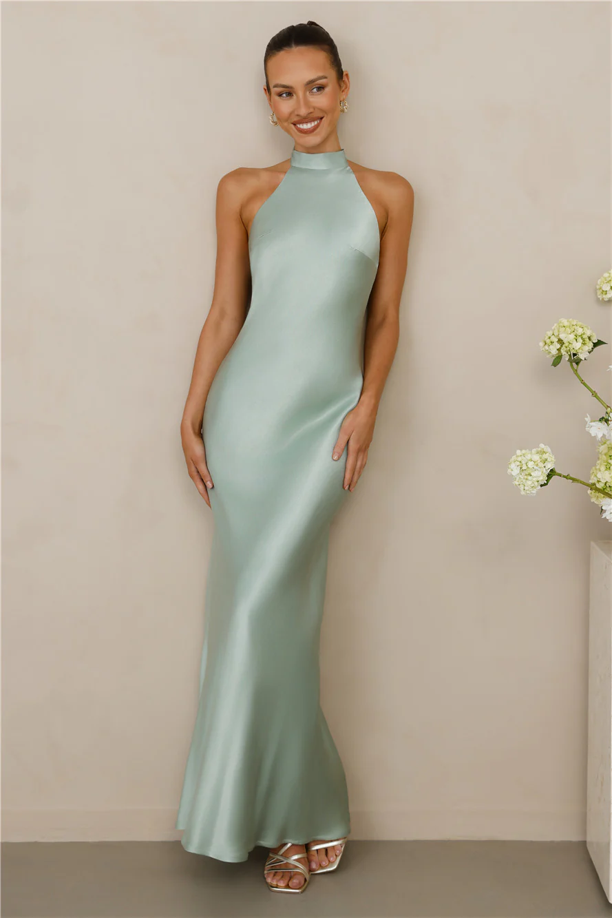 The Cleo Halter Satin Maxi Dress Sage