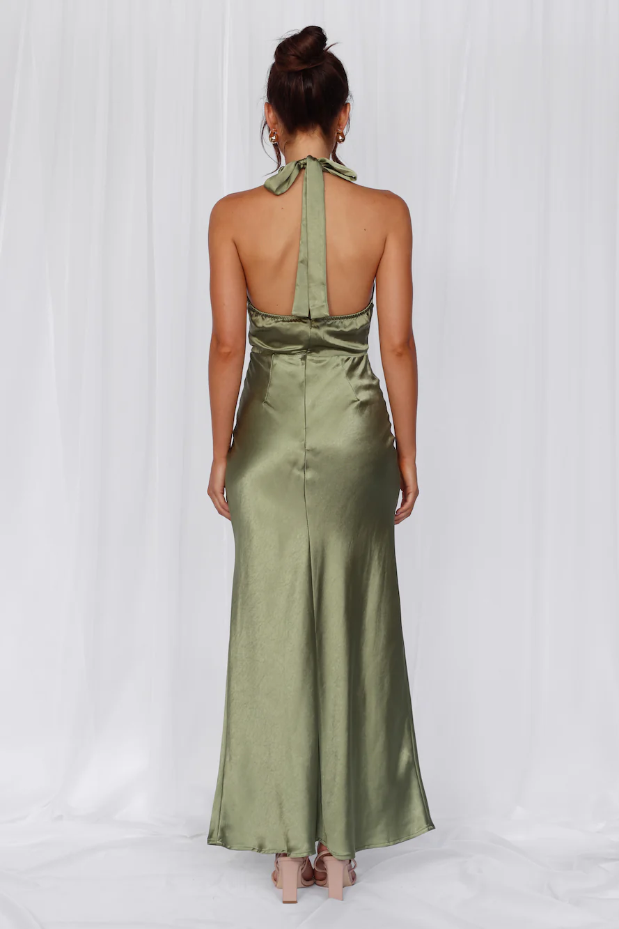 The Adeline Halter Satin Maxi Dress Olive