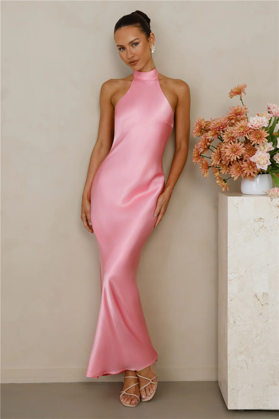 The Cleo Halter Satin Maxi Dress Candy