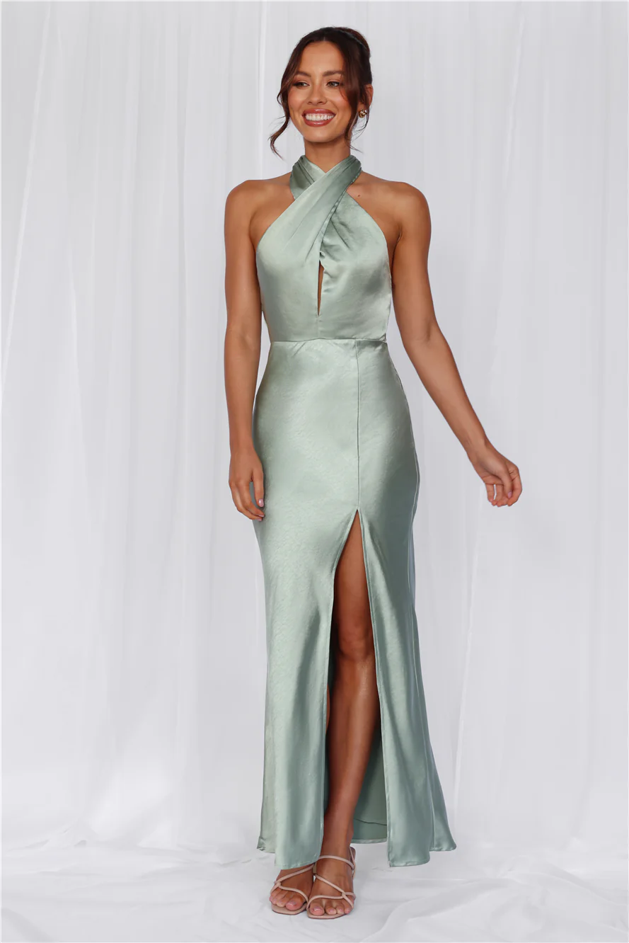 The Adeline Halter Satin Maxi Dress Sage
