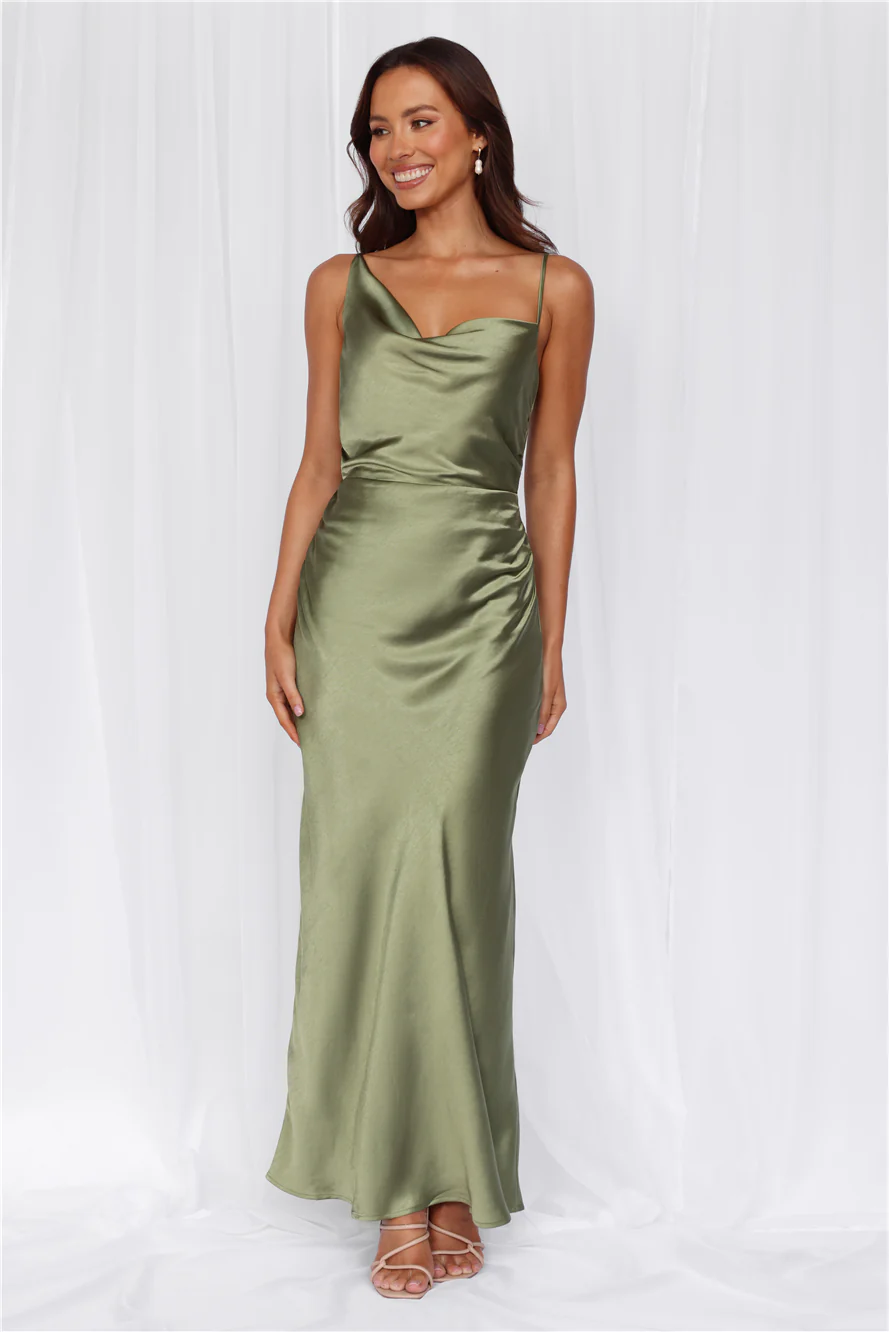 The Madeline Cowl Satin Maxi Dress Olive