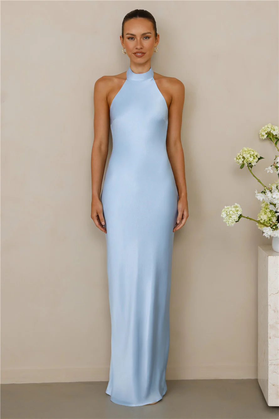 The Cleo Halter Satin Maxi Dress Blue