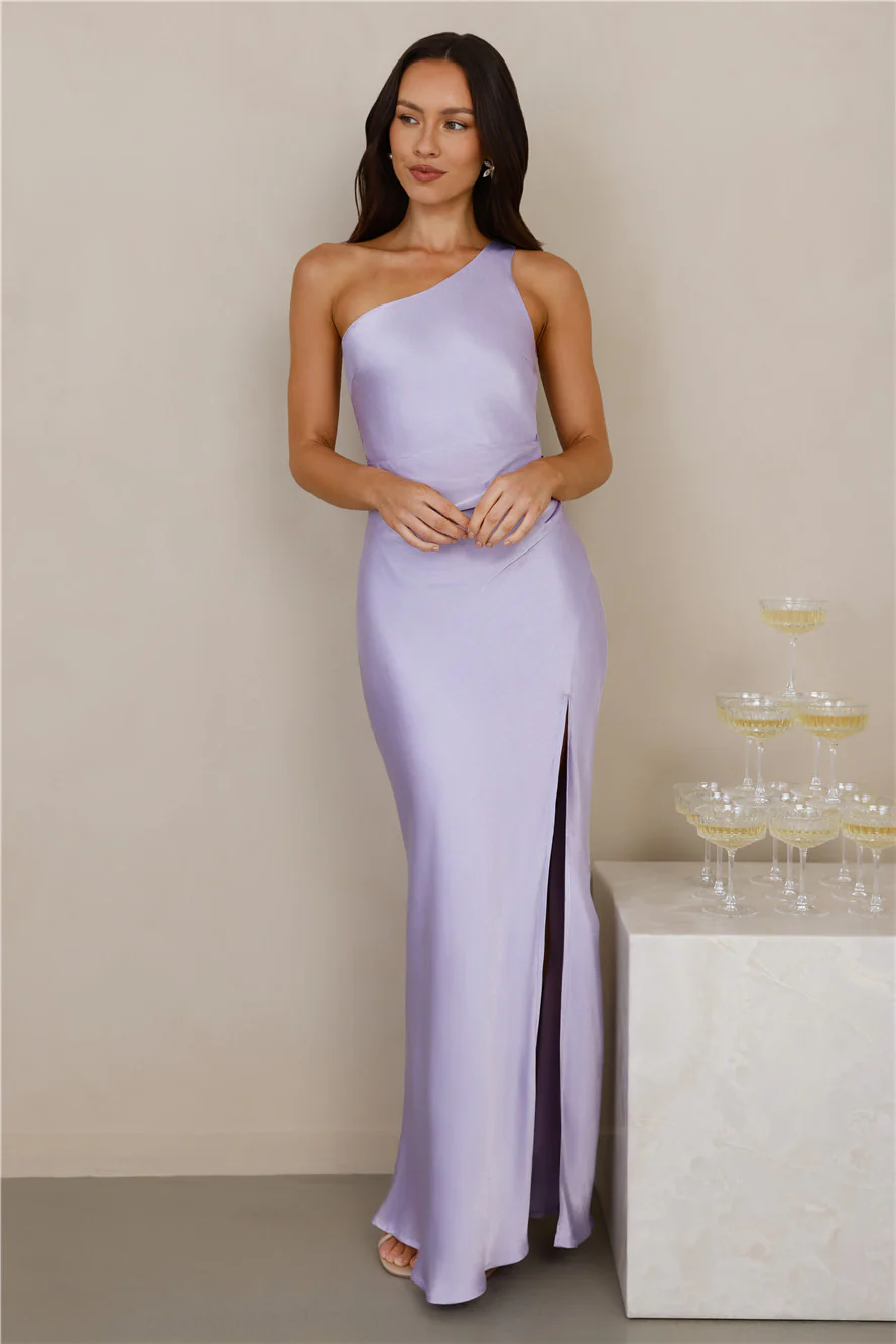 The Aurora One Shoulder Satin Maxi Dress Lilac
