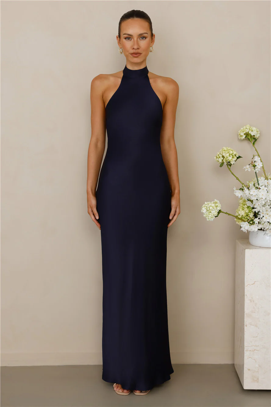 The Cleo Halter Satin Maxi Dress Navy