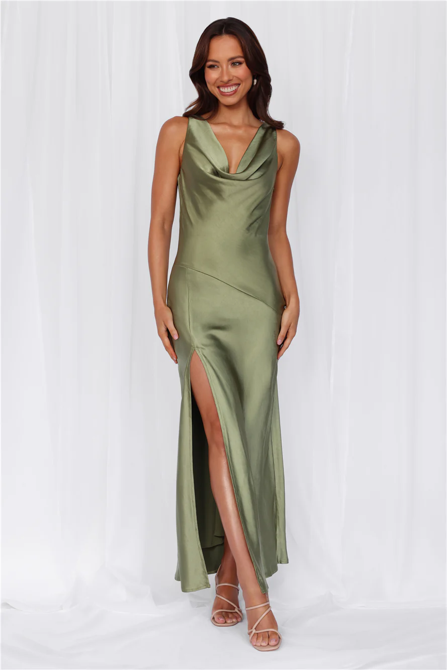 The Loretta Cowl Satin Maxi Dress Olive