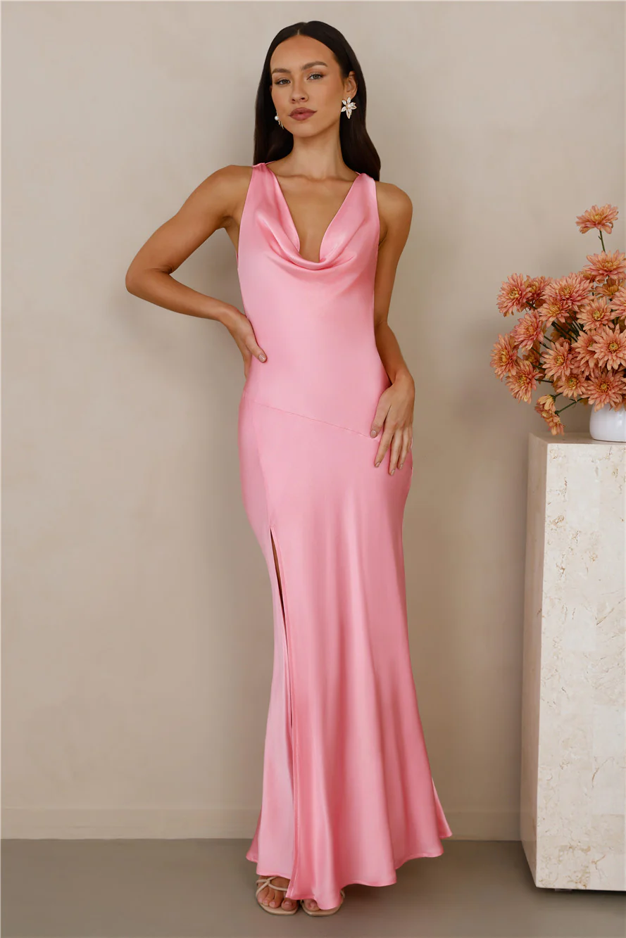 The Loretta Cowl Satin Maxi Dress Candy