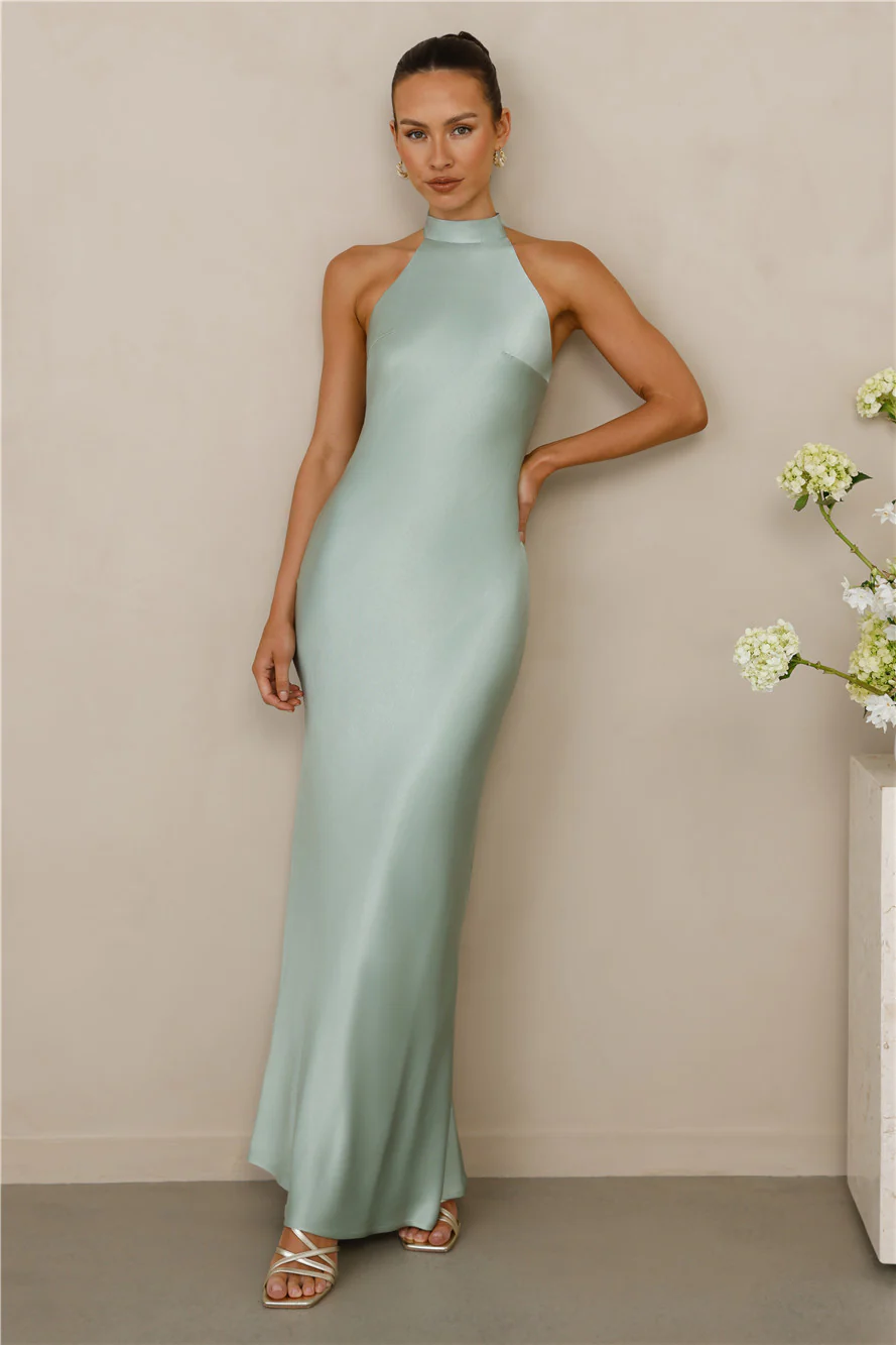 The Cleo Halter Satin Maxi Dress Sage