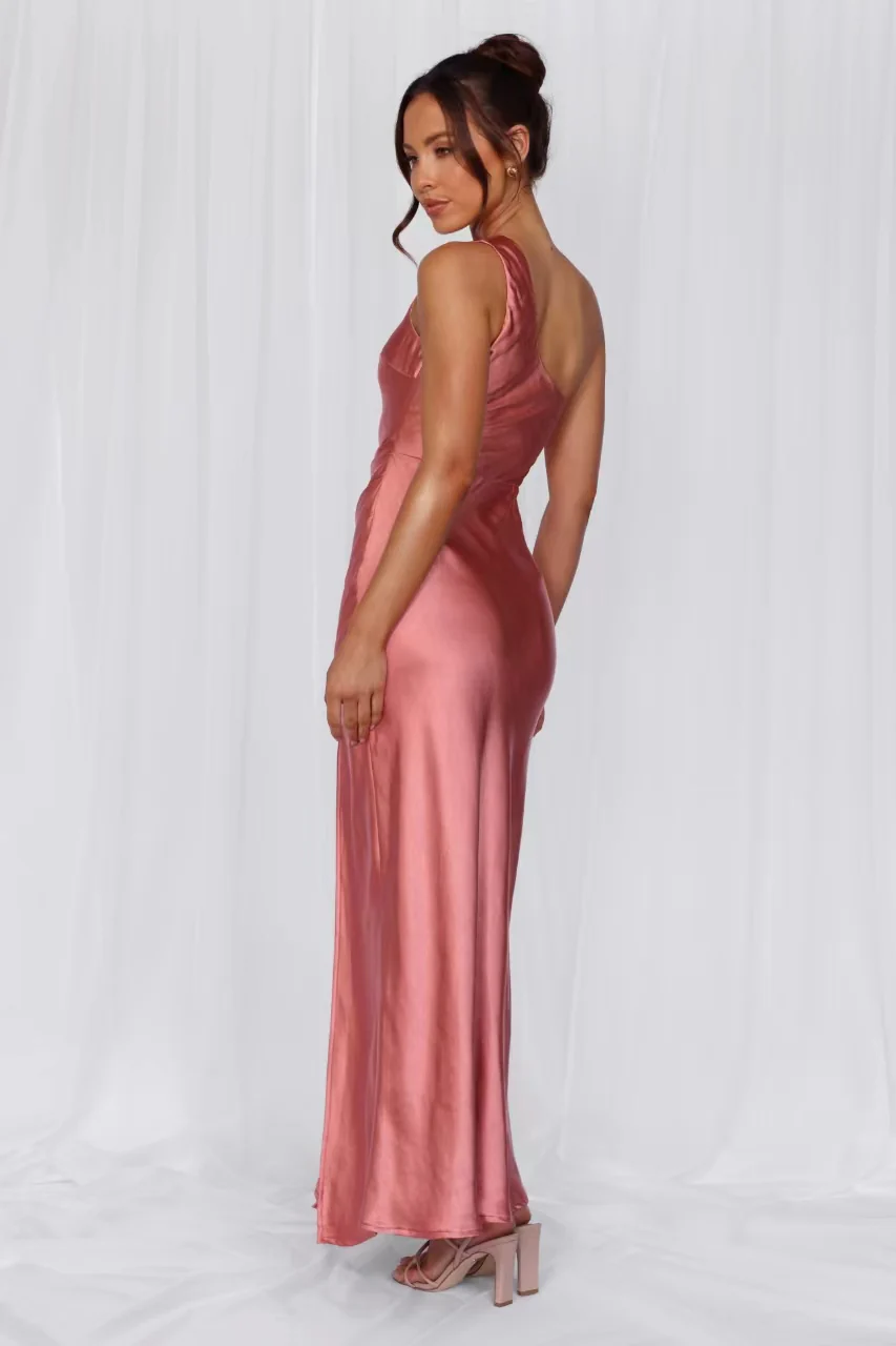 The Aurora One Shoulder Satin Maxi Dress Rose