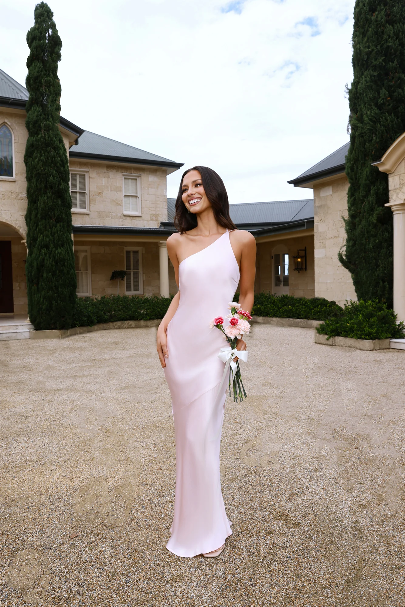 The Evangeline One Shoulder Satin Maxi Dress Pink