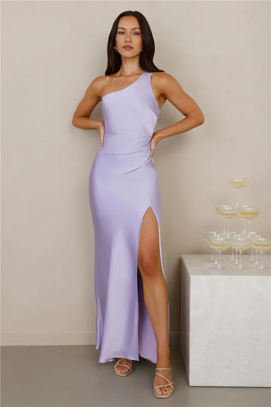 The Aurora One Shoulder Satin Maxi Dress Lilac