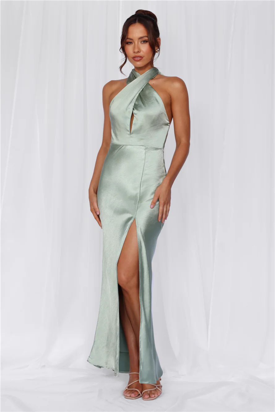 The Adeline Halter Satin Maxi Dress Sage