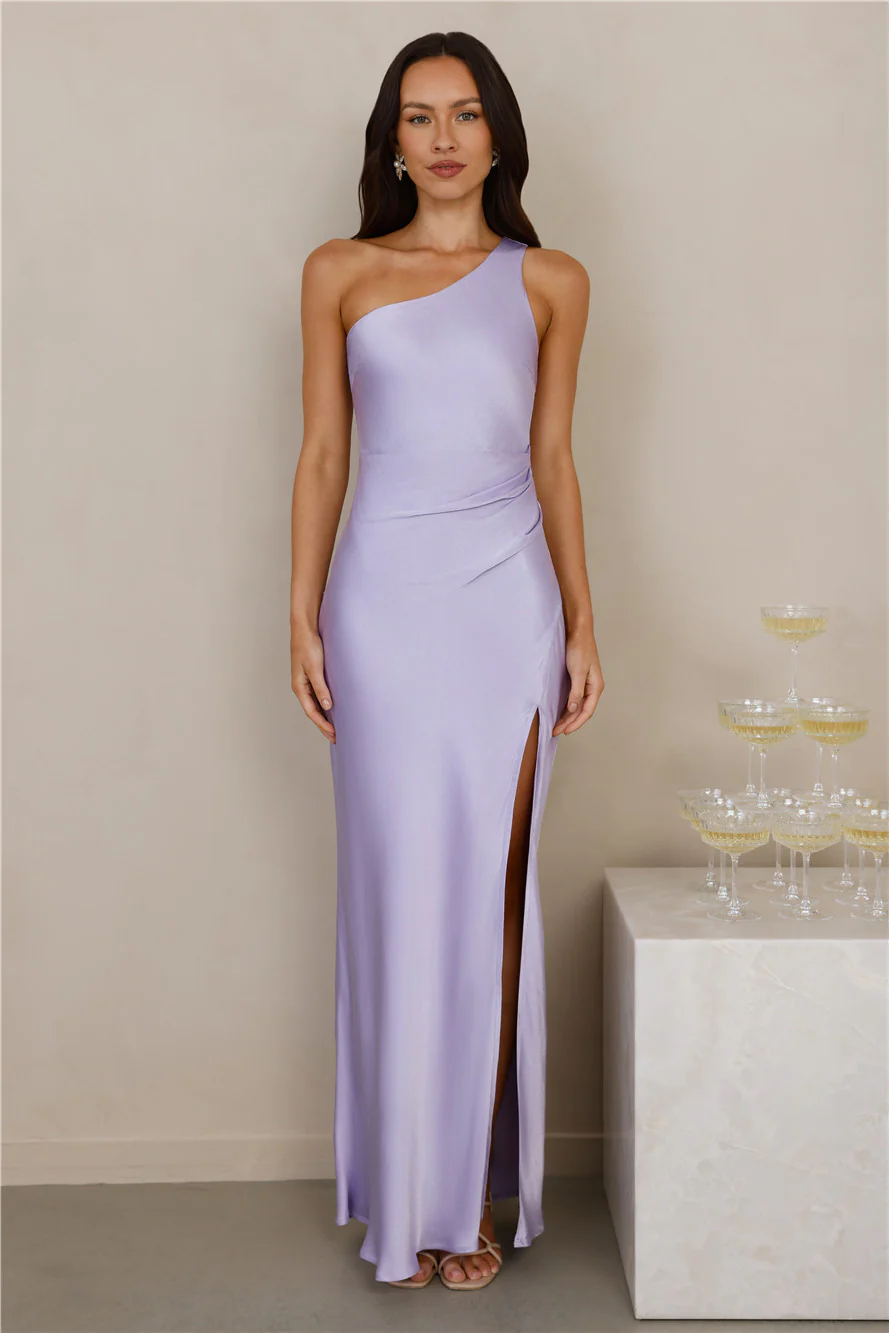 The Aurora One Shoulder Satin Maxi Dress Lilac