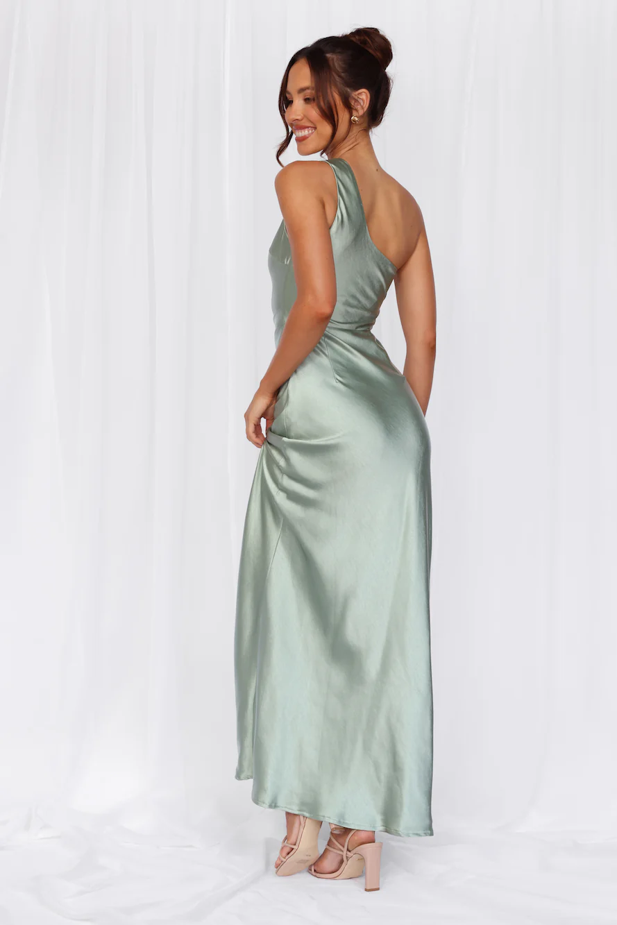The Aurora One Shoulder Satin Maxi Dress Sage