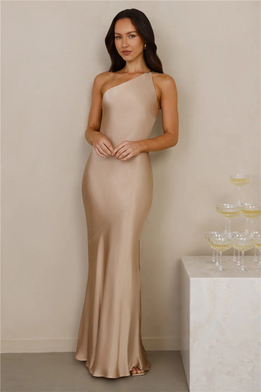 The Evangeline One Shoulder Satin Maxi Dress Champagne