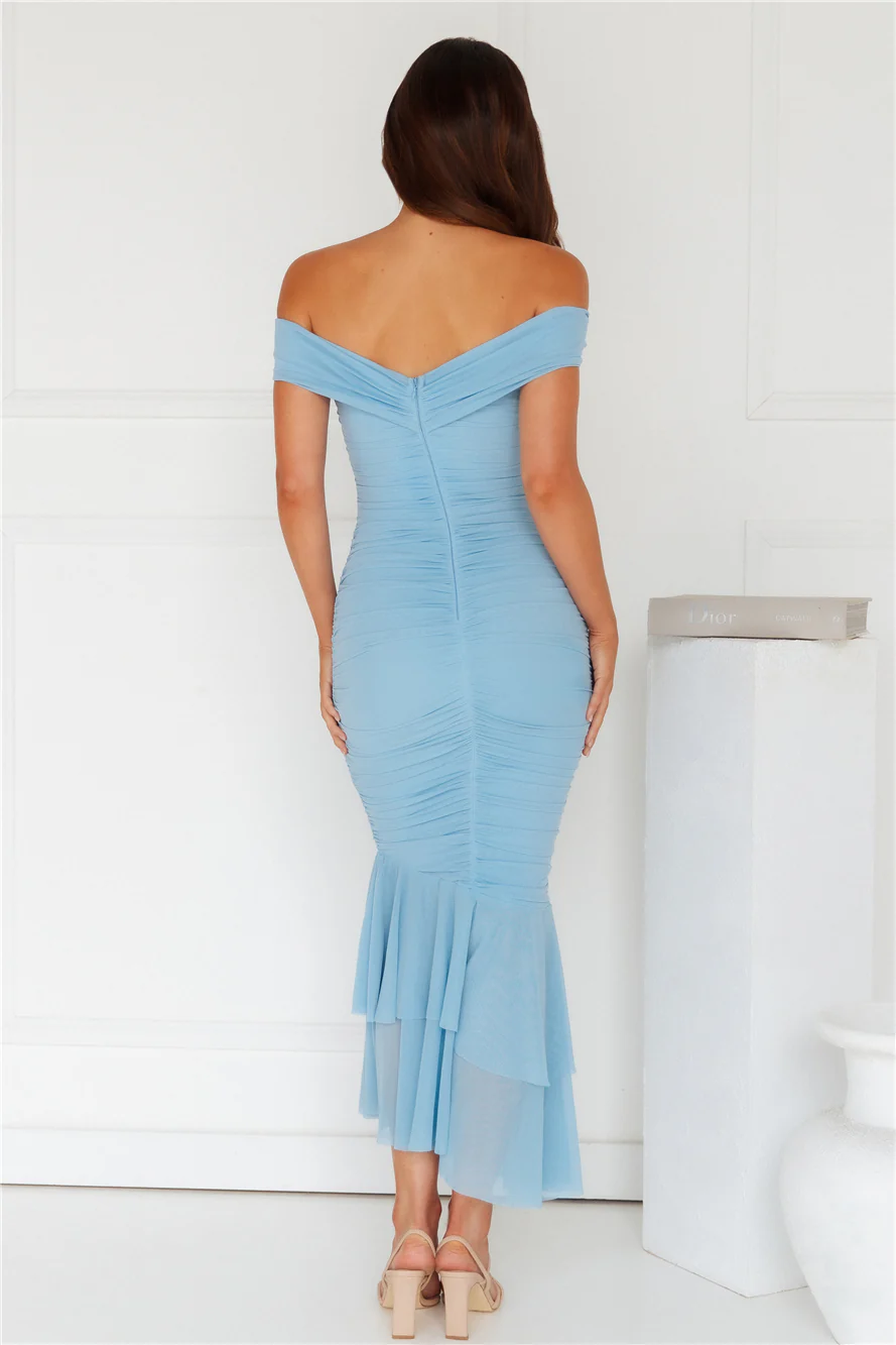 Tanisha Off Shoulder Mesh Midi Dress Blue