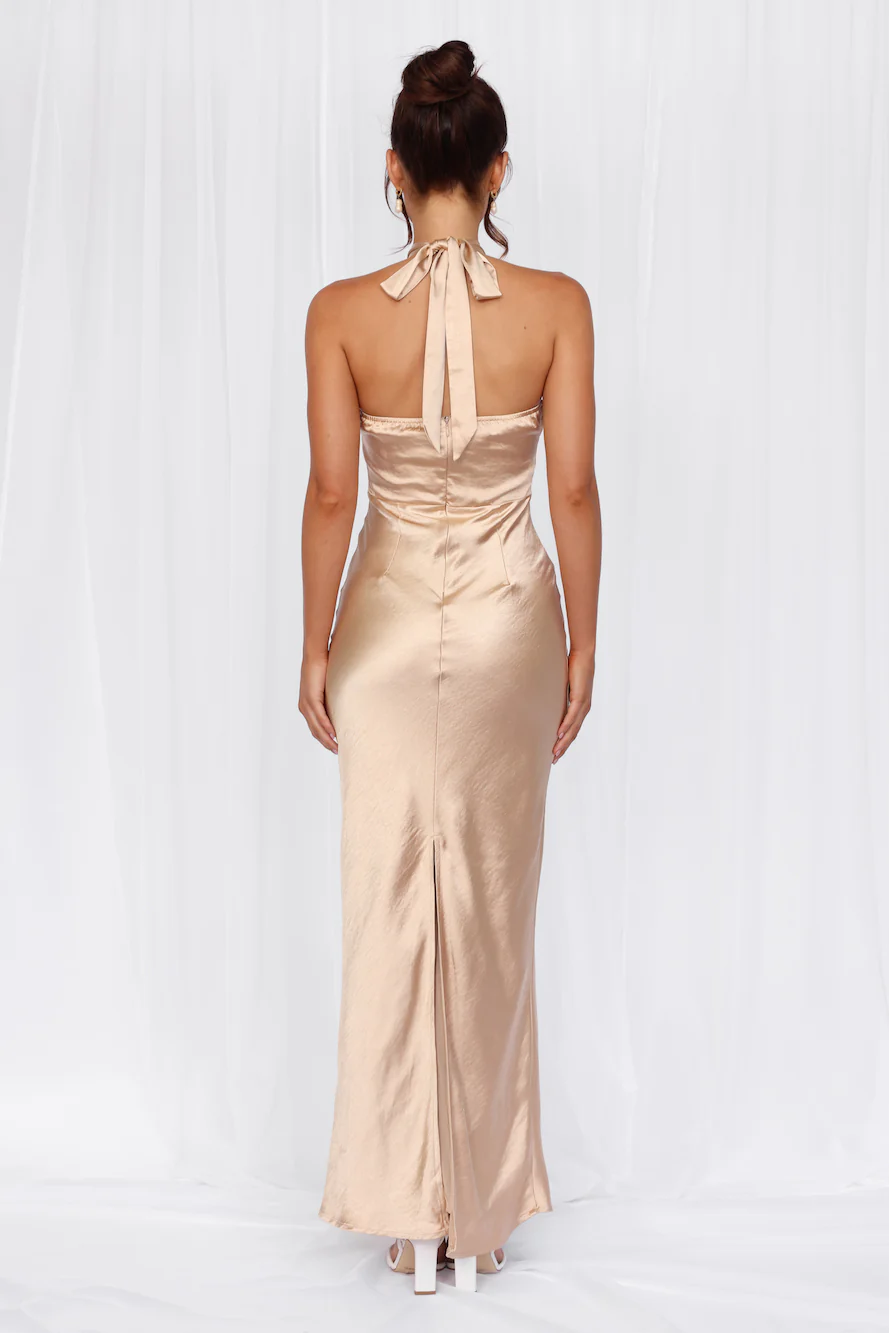 The Cleo Halter Satin Maxi Dress Champagne