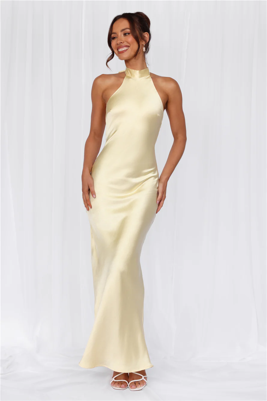 The Cleo Halter Satin Maxi Dress Yellow