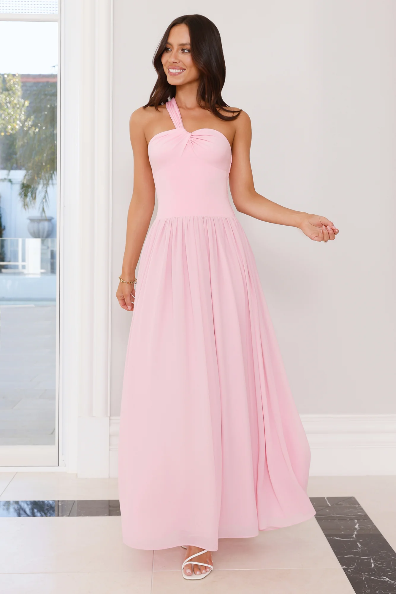 Sunset Waves One Shoulder Maxi Dress Pink