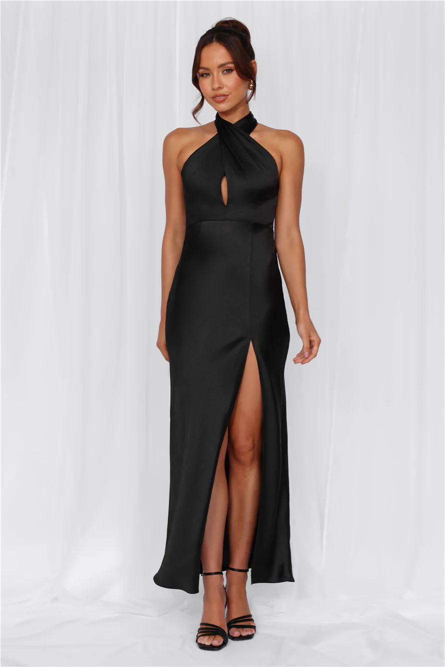 The Adeline Halter Satin Maxi Dress Black