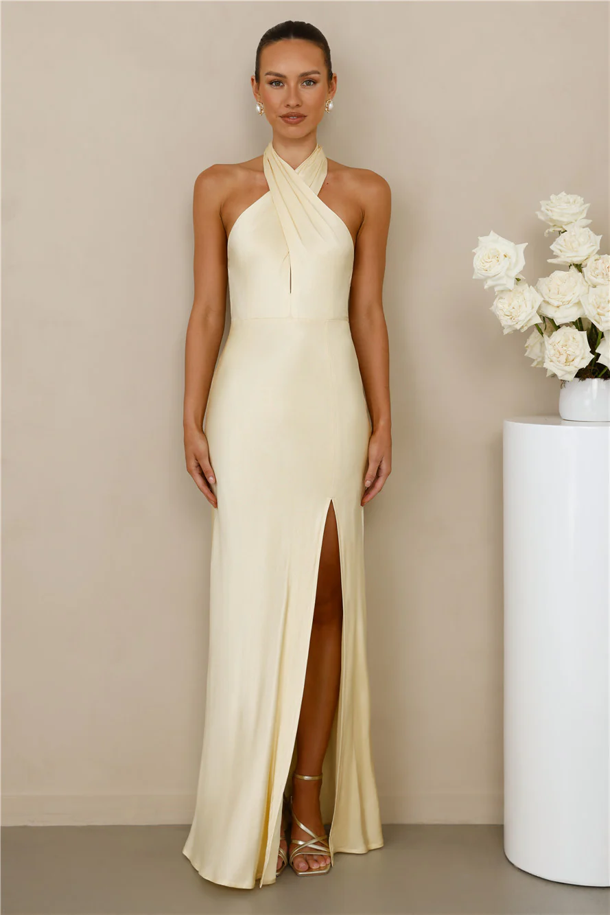 The Adeline Halter Satin Maxi Dress Yellow