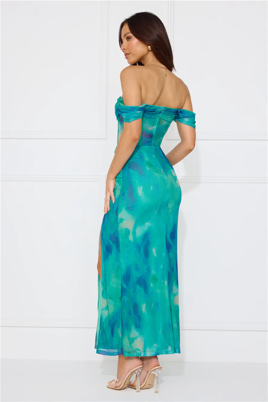 Timeless Grace Off Shoulder Mesh Maxi Dress Green