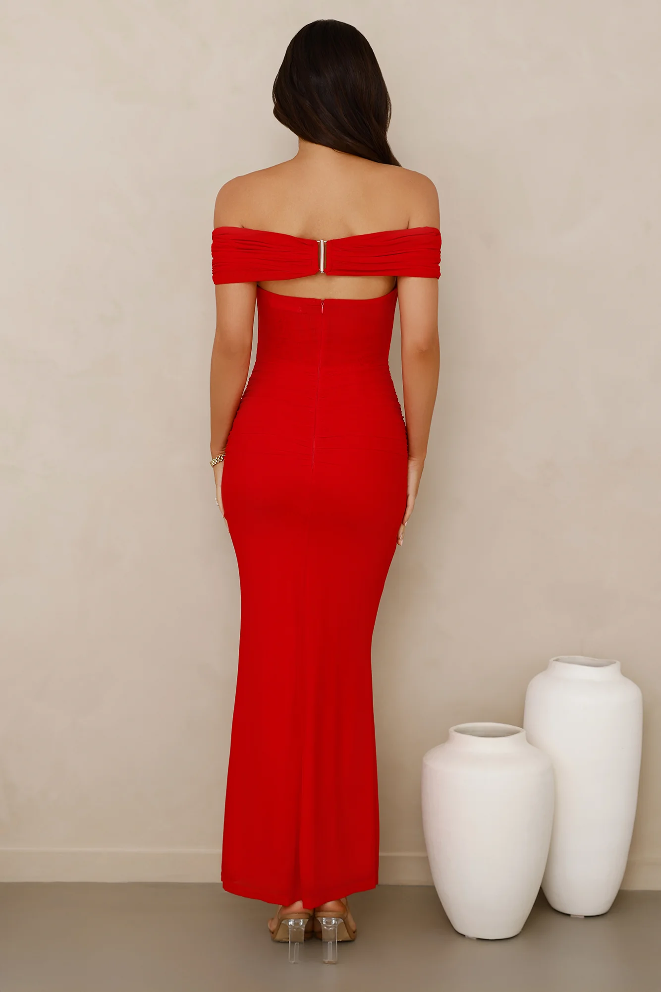 Swan Song Off Shoulder Mesh Maxi Dress Red