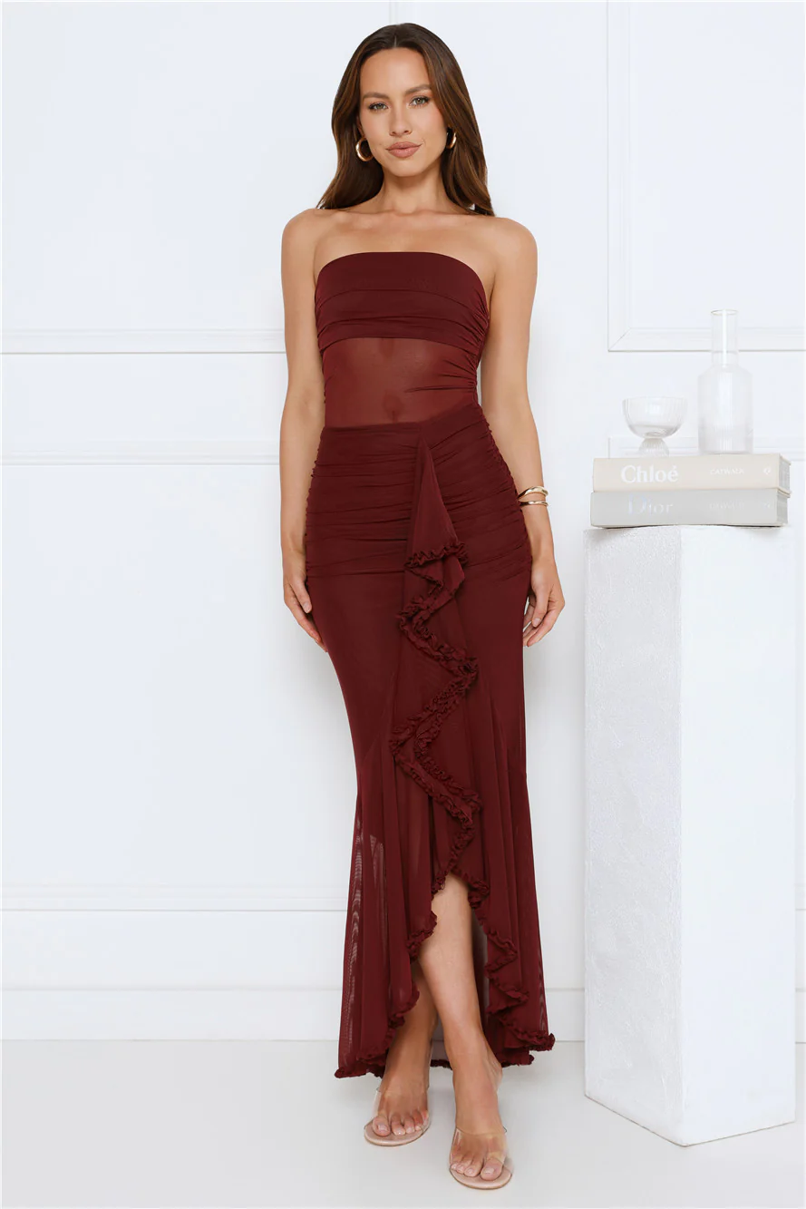 Spark Soirée Strapless Mesh Maxi Dress Burgundy