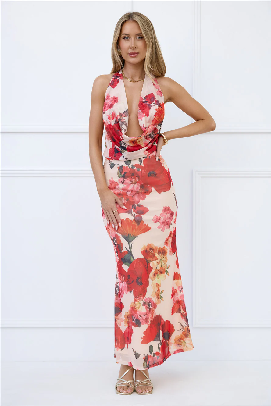 Viral Vibes Mesh Halter Maxi Dress Beige