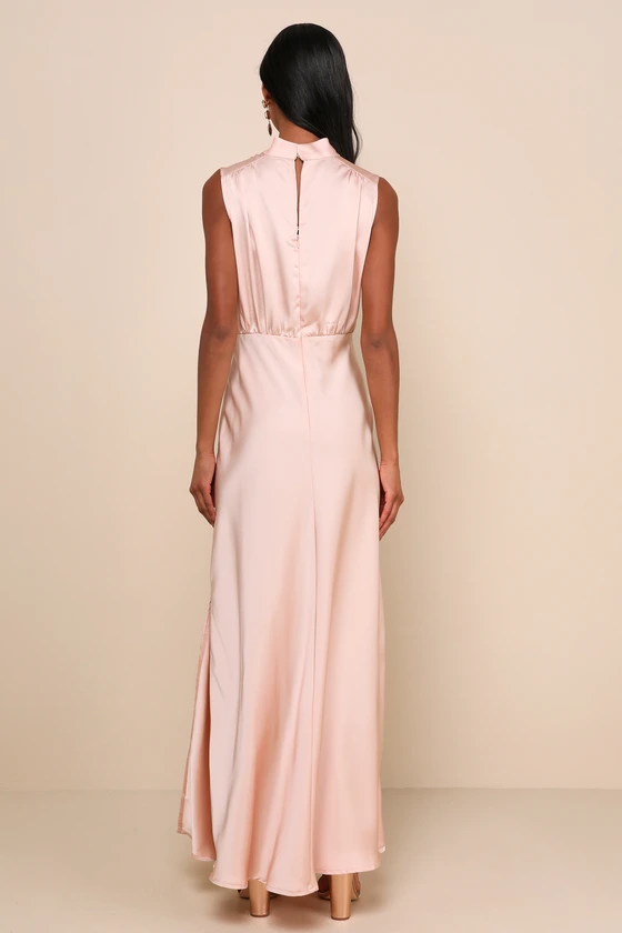 Classic Elegance Blush Satin Sleeveless Mock Neck Maxi Dress