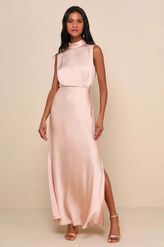 Classic Elegance Blush Satin Sleeveless Mock Neck Maxi Dress