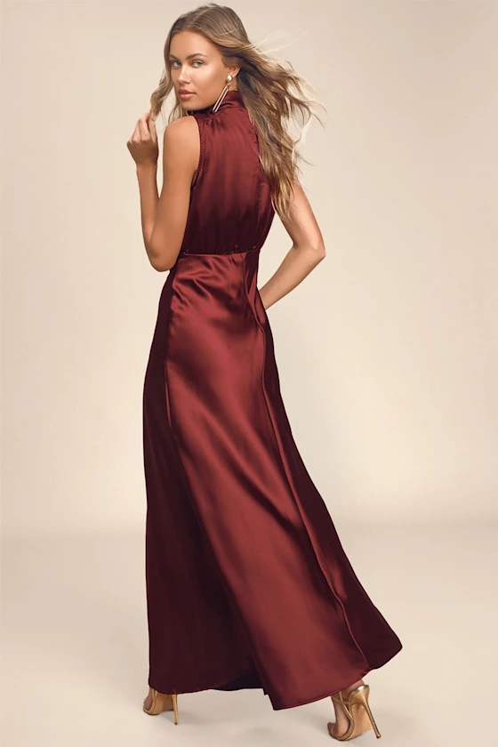 Classic Elegance Wine Satin Maxi Dress