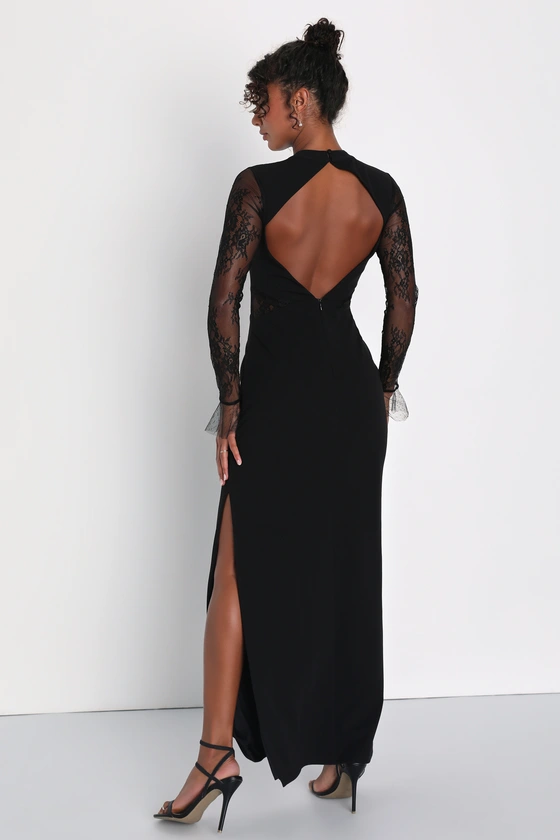 Bragging Rights Black Lace Long Sleeve Column Maxi Dress