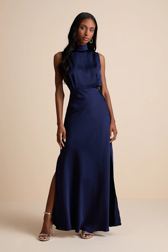Classic Elegance Navy Satin Sleeveless Mock Neck Maxi Dress