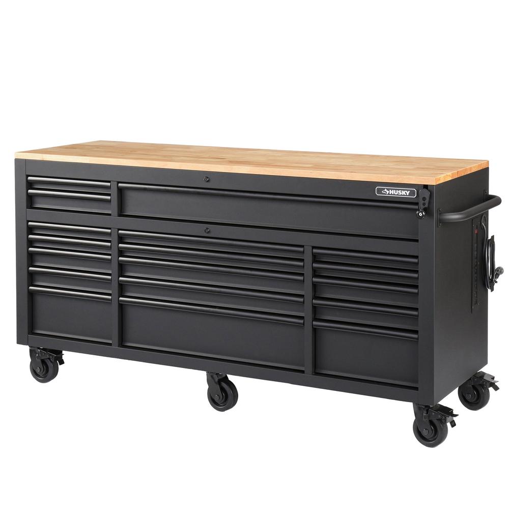 Heavy-Duty 72 In. W 18-Drawer, Deep Tool Chest Mobile Workbench In Matte Black With Adjustable-Height Hardwood Top