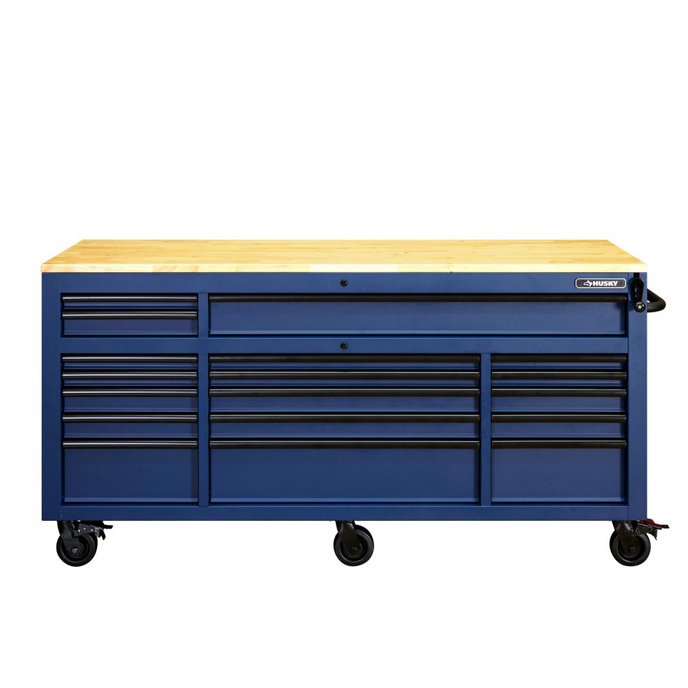72 In. 18-Drawer Mobile Workbench With Adjustable-Height Solid Wood Top In Matte Blue